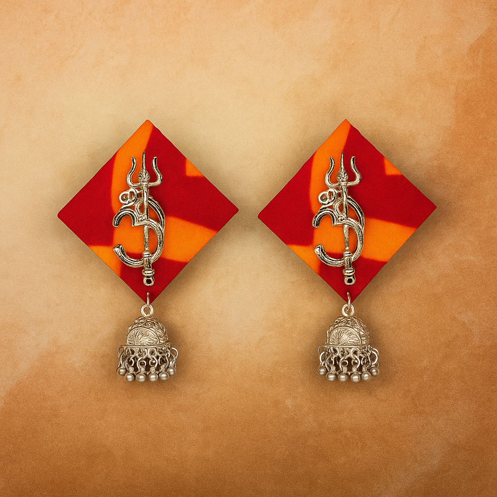 Handmade Square Shape Fabric with Oxidised Silver Shiva Trishul Studs Design with Dangler Jhumka Earrings For Women