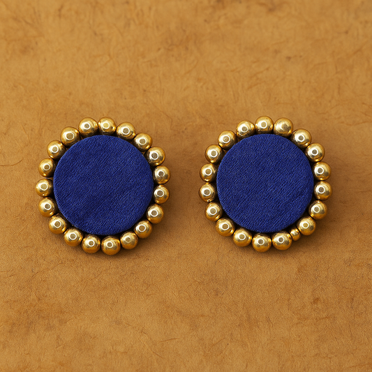 Blue Handcrafted Fabric Stud Earrings with Golden Accents