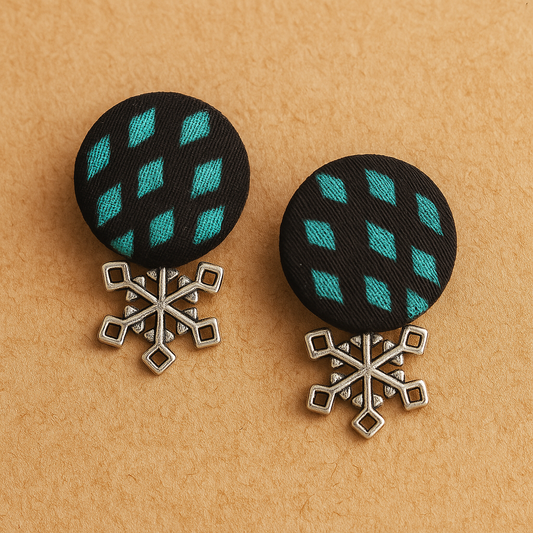 Handcrafted Upcycled Fabric Stud Earrings – Black & Teal with Silver Brass Snowflake