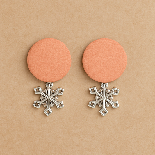 Handcrafted Sustainable Peach Fabric Stud Earrings with Silver Snowflake Charm