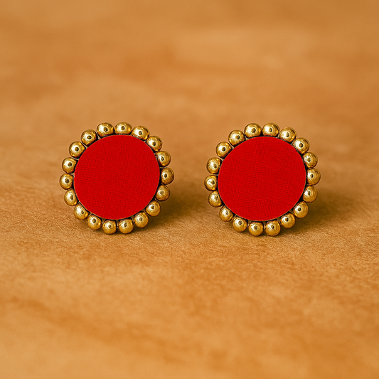 Red Handcrafted Fabric Stud Earrings with Golden Accents