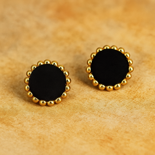 Black Handcrafted Fabric Stud Earrings with Golden Accents