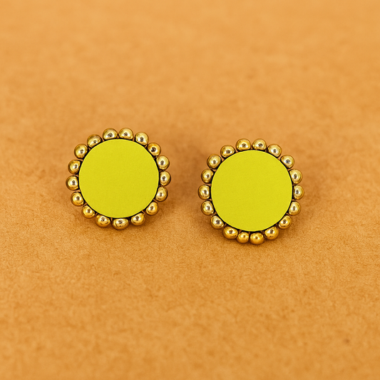 Green Handcrafted Fabric Stud Earrings with Golden Accents