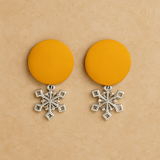 Handcrafted Sustainable Yellow Fabric Stud Earrings with Silver Snowflake Charm