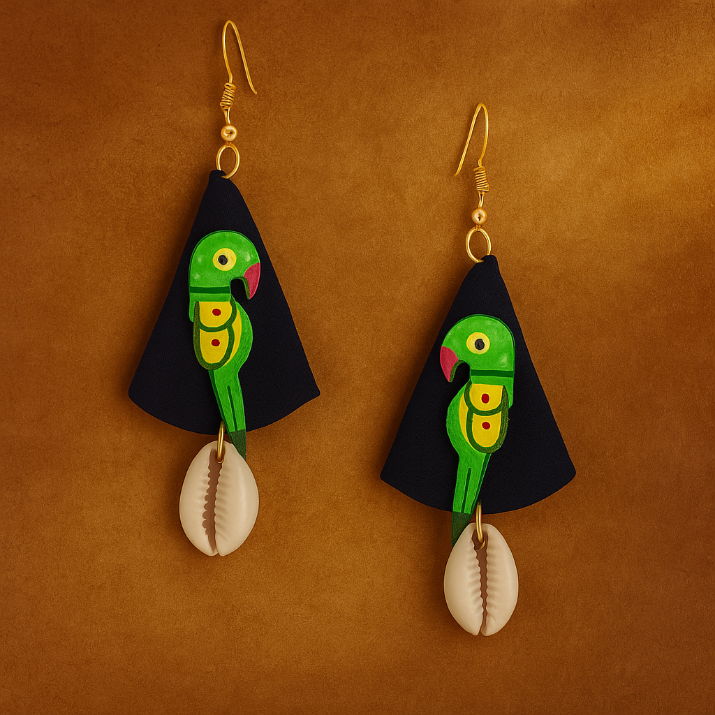Sustainable Fabric Earrings with Wooden Parrots & Cowrie Shells – Handcrafted Boho Jewelry