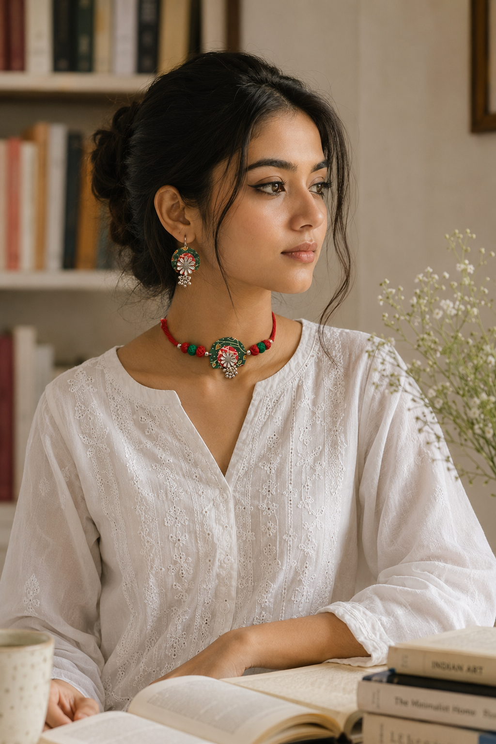 Handcrafted Green Floral Fabric Choker Necklace Set with Earrings