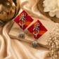 Handmade Square Shape Fabric with Oxidised Silver Shiva Trishul Studs Design with Dangler Jhumka Earrings For Women