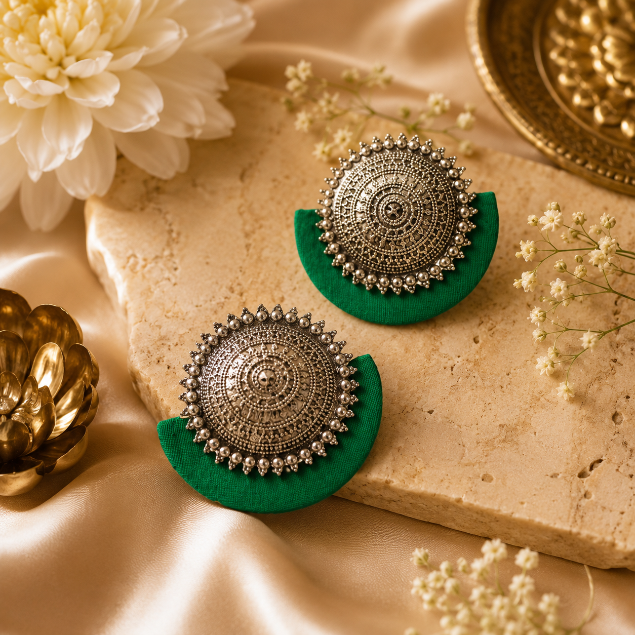 Handmade Temple Design Green Big Stud Fabric Earrings For Women