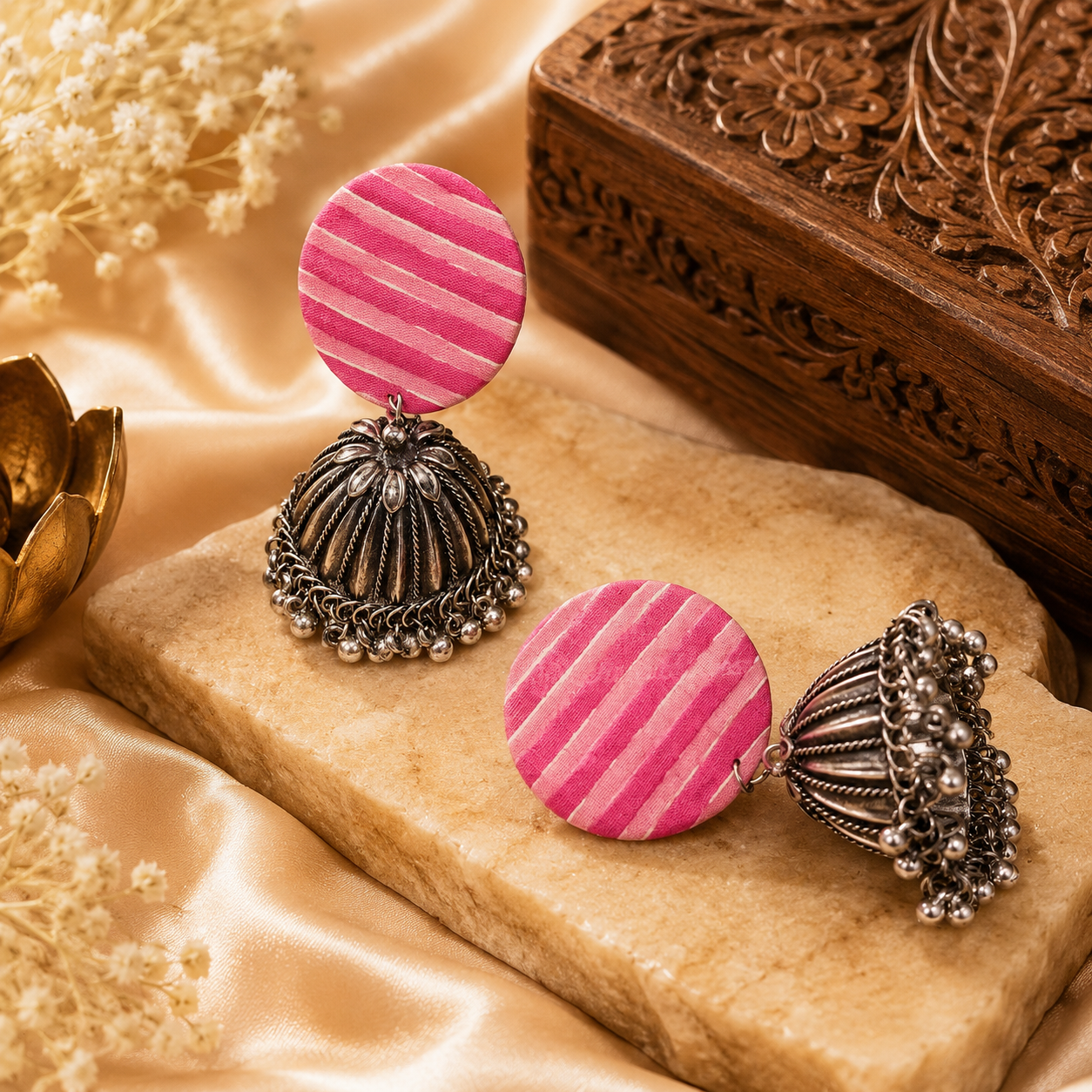 Handmade Unique Pink-White Striped Round Stud with Silver Jhumka Fabric Earrings For Women