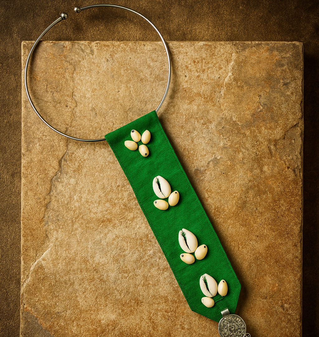 Handmade Green Fabric Hasli Necklace for Women with Cowrie Shells & Antique Charm | Sustainable Statement Neckpiece | Ethnic Boho Jewellery