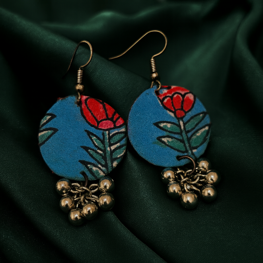 Handcrafted Blue Fabric Dangler Earrings with Silver Ghungroo Charm for Women