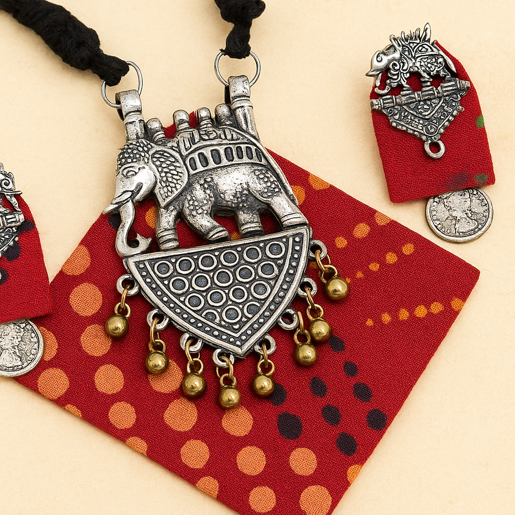 Handmade Elephant Design Red Fabric Pendant Set For Women