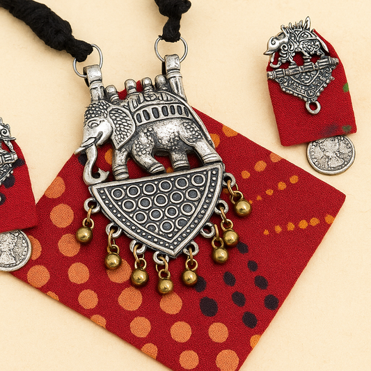 Handmade Elephant Design Red Fabric Pendant Set For Women
