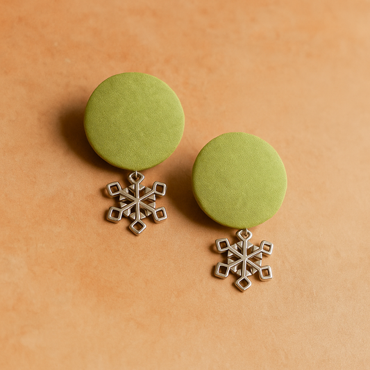 Handcrafted Sustainable Green Fabric Stud Earrings with Silver Snowflake Charm
