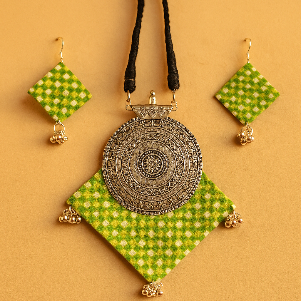 Antique silver pendant with green checkered fabric and matching fabric earrings on a beige background