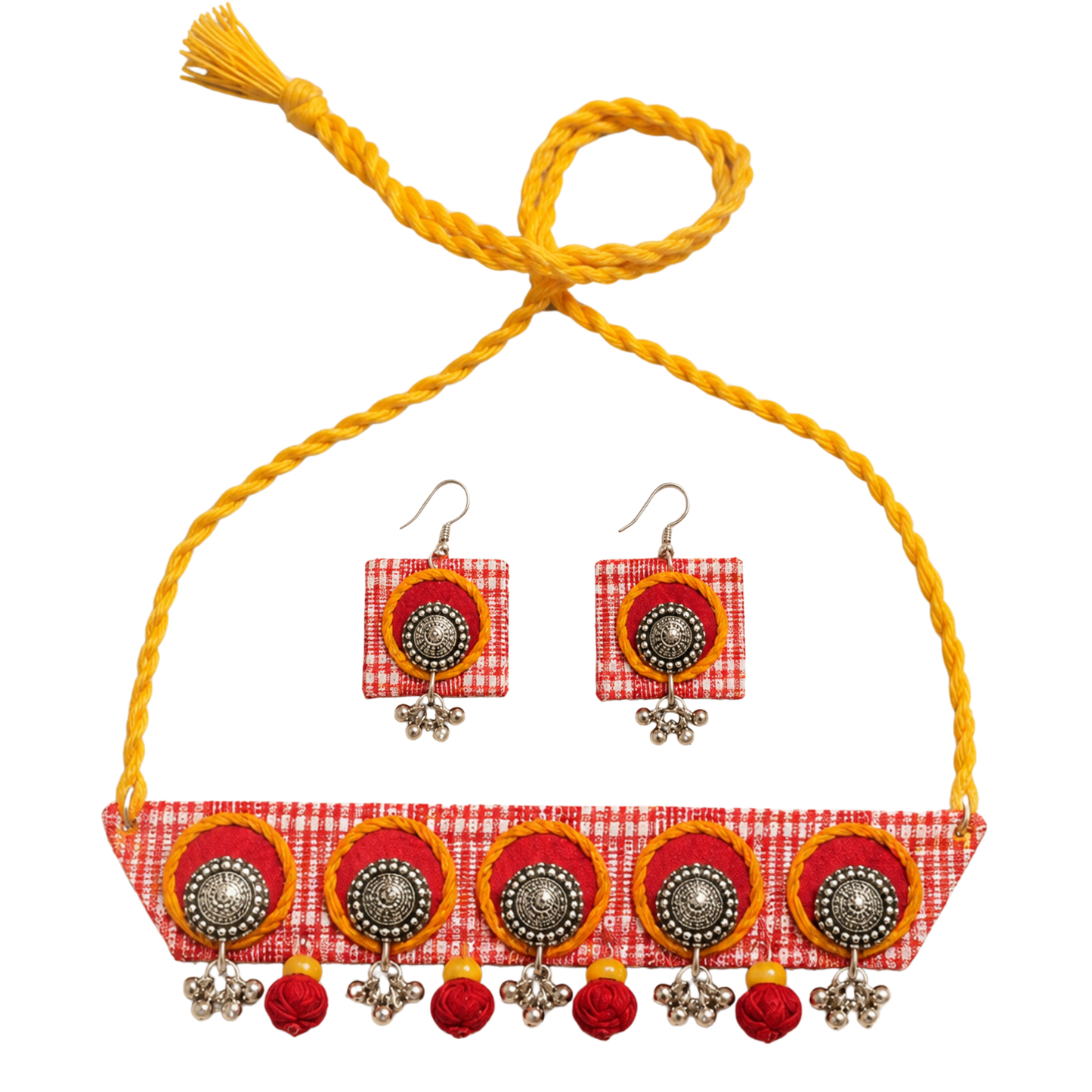 Handcrafted Red Check Fabric Choker Necklace Set with Earrings