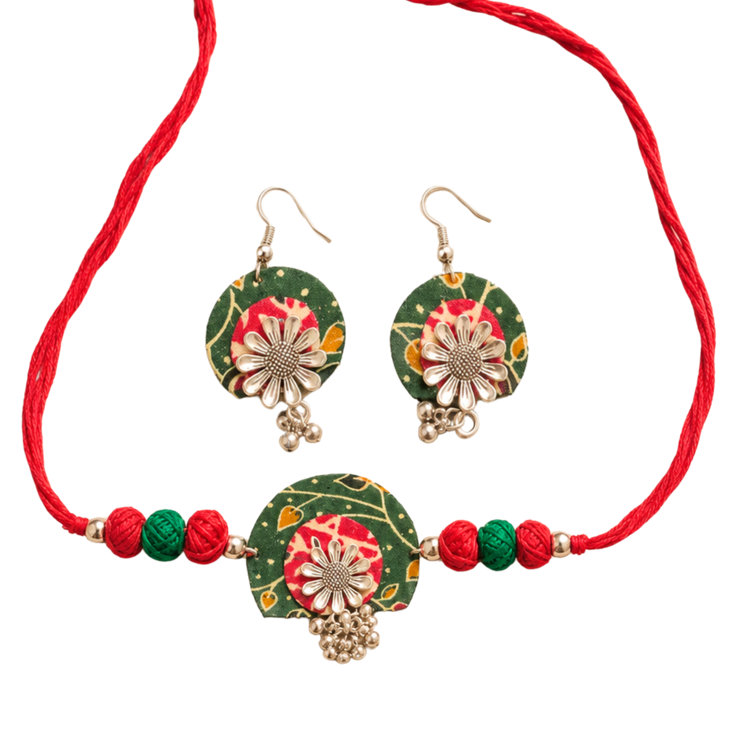 Handcrafted Green Floral Fabric Choker Necklace Set with Earrings
