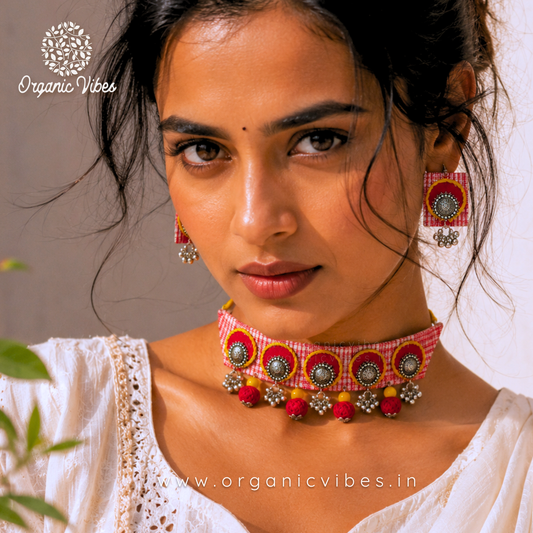 Handcrafted Red Check Fabric Choker Necklace Set with Earrings