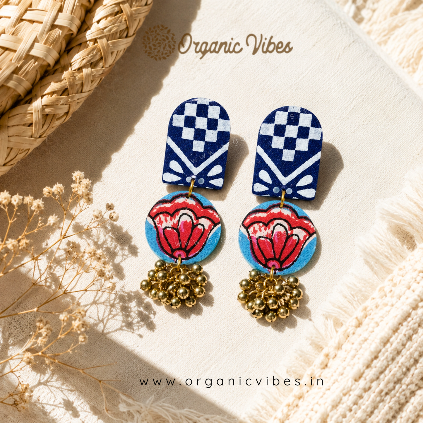Organic Vibes Handmade Fabric Stud Earrings, Boho Statement Earrings, Blue Floral Ghunghroo Earrings, Sustainable Gift for Women