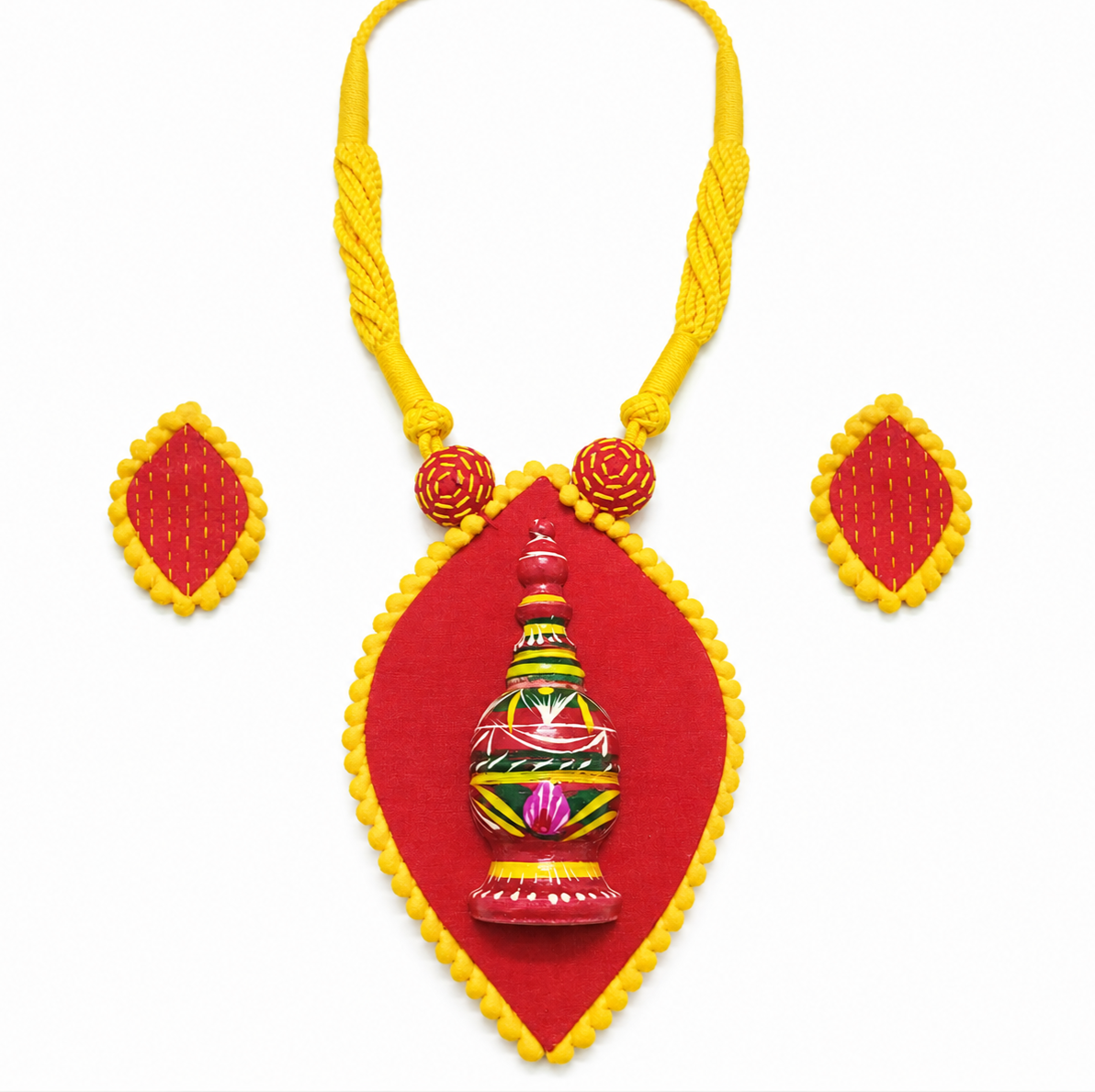 Red Handcrafted wooden Sindhora Fabric Pendant Set