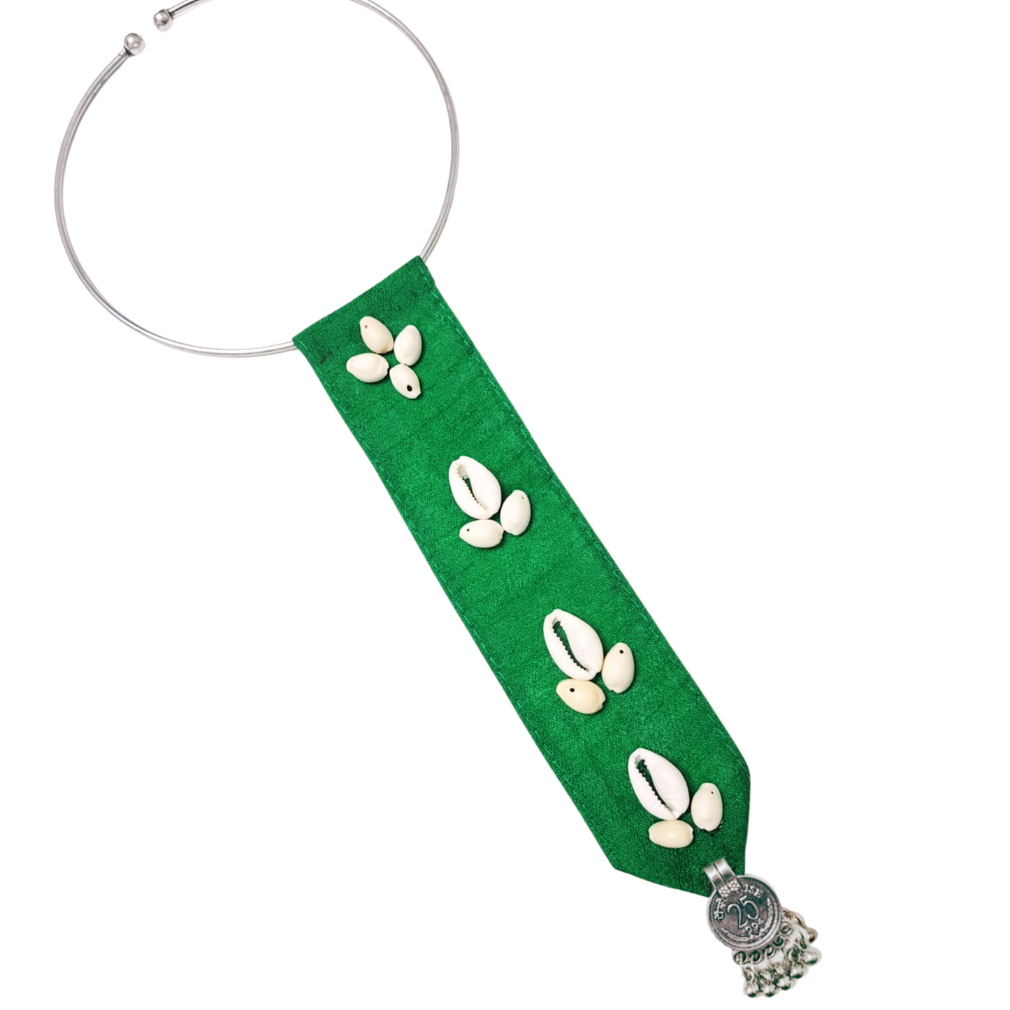 Handmade Green Fabric Hasli Necklace for Women with Cowrie Shells & Antique Charm | Sustainable Statement Neckpiece | Ethnic Boho Jewellery