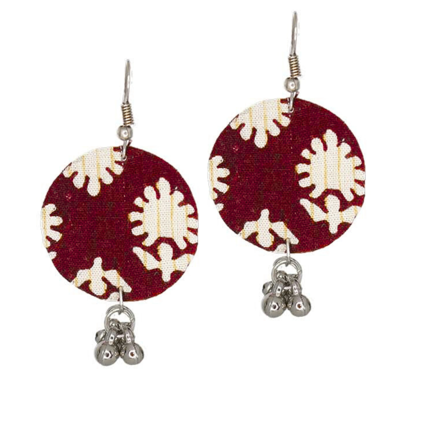 Handcrafted Maroon Fabric Dangler Earrings with Silver Ghungroo Charm for Women