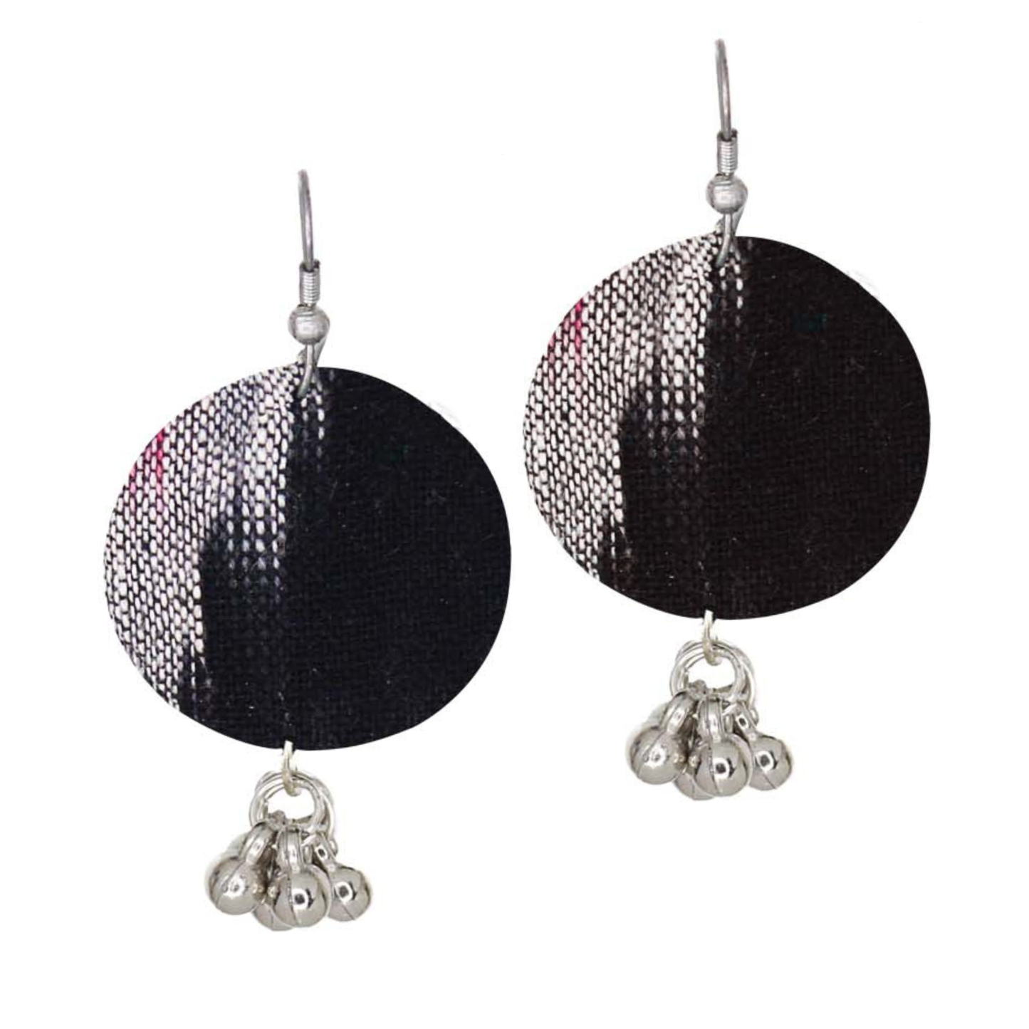 Handcrafted Fabric Earrings for Women | Lightweight Round Cloth Earrings with Silver Tone Ghungroo Drops | Black Ethnic Daily Wear Earrings
