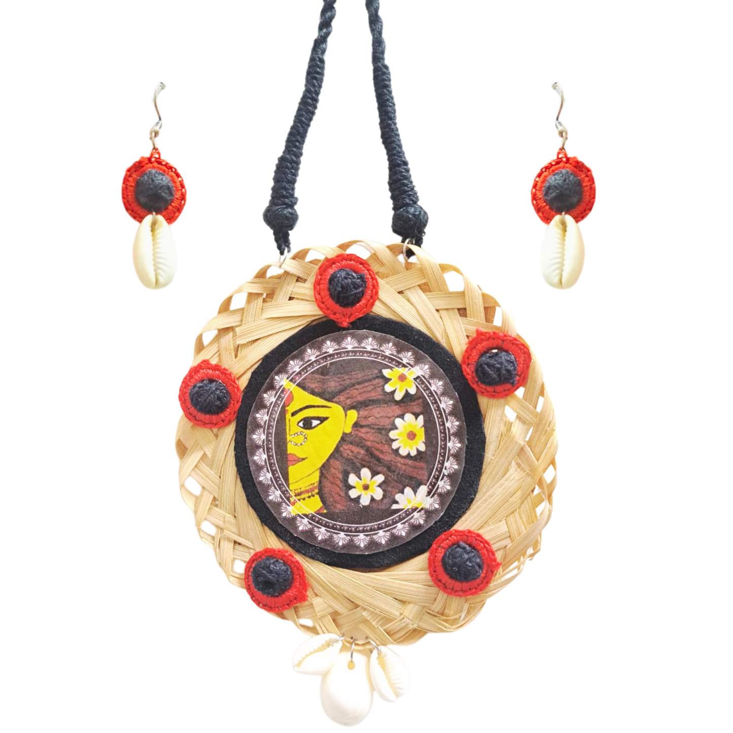Handmade Fabric Pendant Set with Cowrie Shells & Hand painted Goddess on Bamboo Fiber | Necklace with Earrings | Sustainable Tribal Jewellery