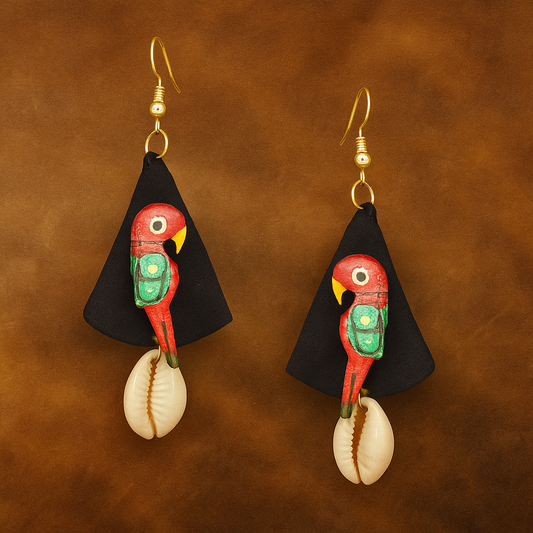 Sustainable Fabric Earrings with Wooden Parrots & Cowrie Shells – Handcrafted Boho Jewelry