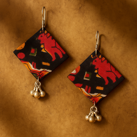 Handcrafted Fabric Earrings for Women | Lightweight Cloth Earrings with Silver Tone Ghungroo Drops | Black Ethnic Daily Wear Earrings
