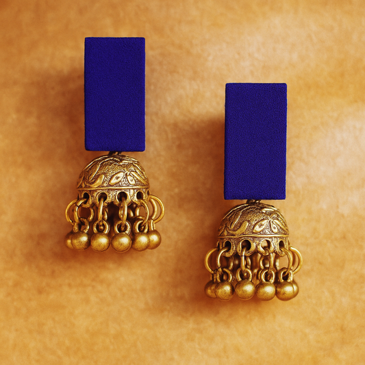 Handcrafted Blue Fabric Earrings with Golden Brass Jhumki