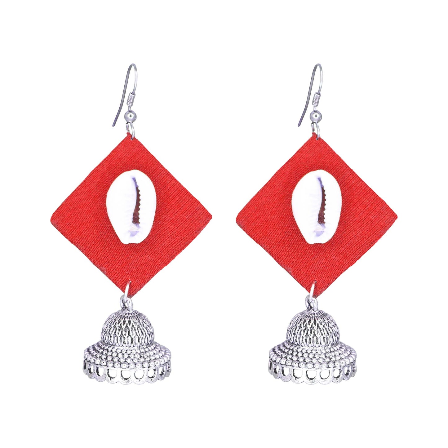 Handcrafted Red Fabric Earrings with Silver Jhumka