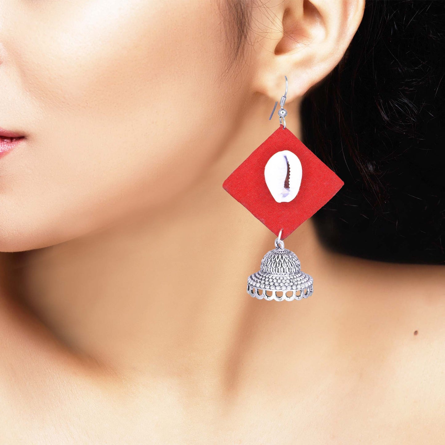 Handcrafted Red Fabric Earrings with Silver Jhumka