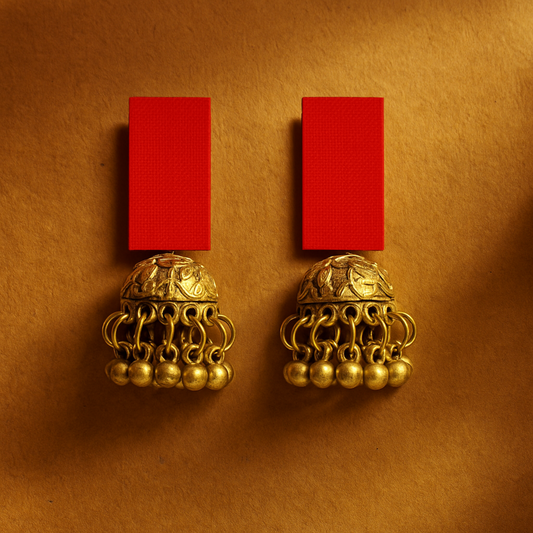 Handcrafted Red Fabric Earrings with Golden Brass Jhumki