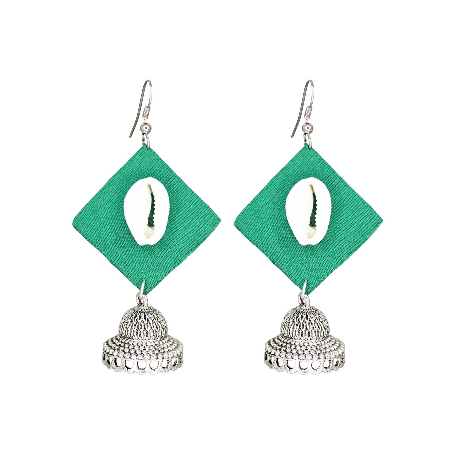 Handcrafted Teal Green Fabric Earrings with Silver Jhumka