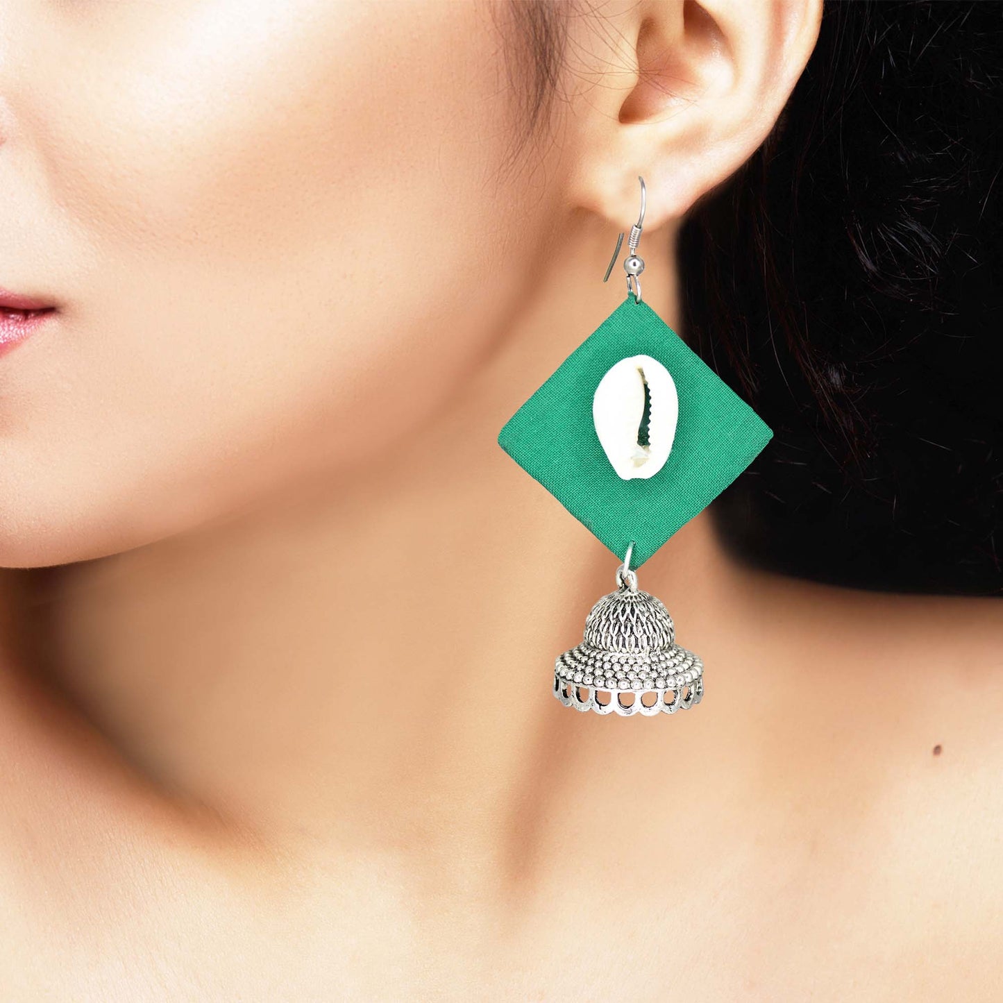 Handcrafted Teal Green Fabric Earrings with Silver Jhumka