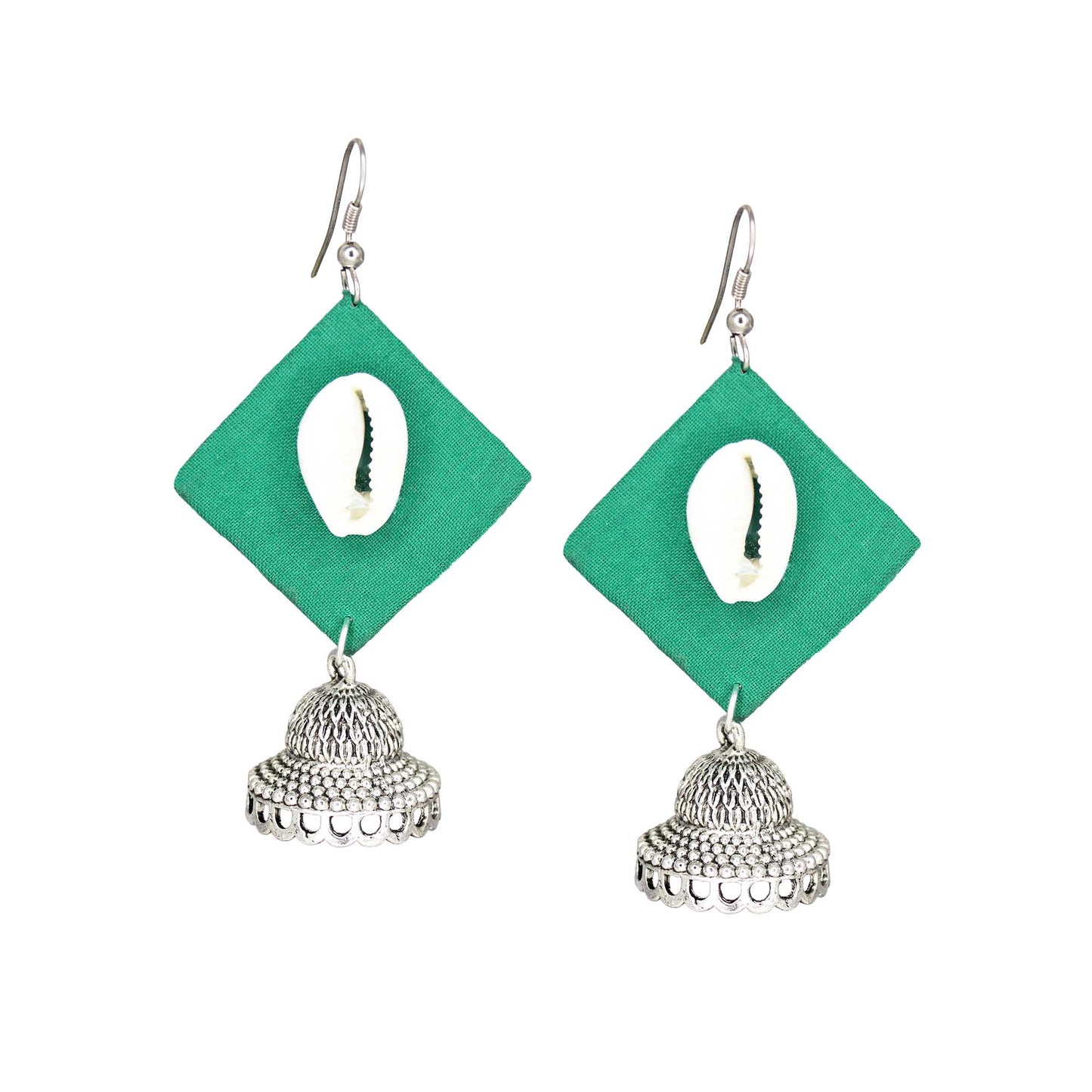 Handcrafted Teal Green Fabric Earrings with Silver Jhumka