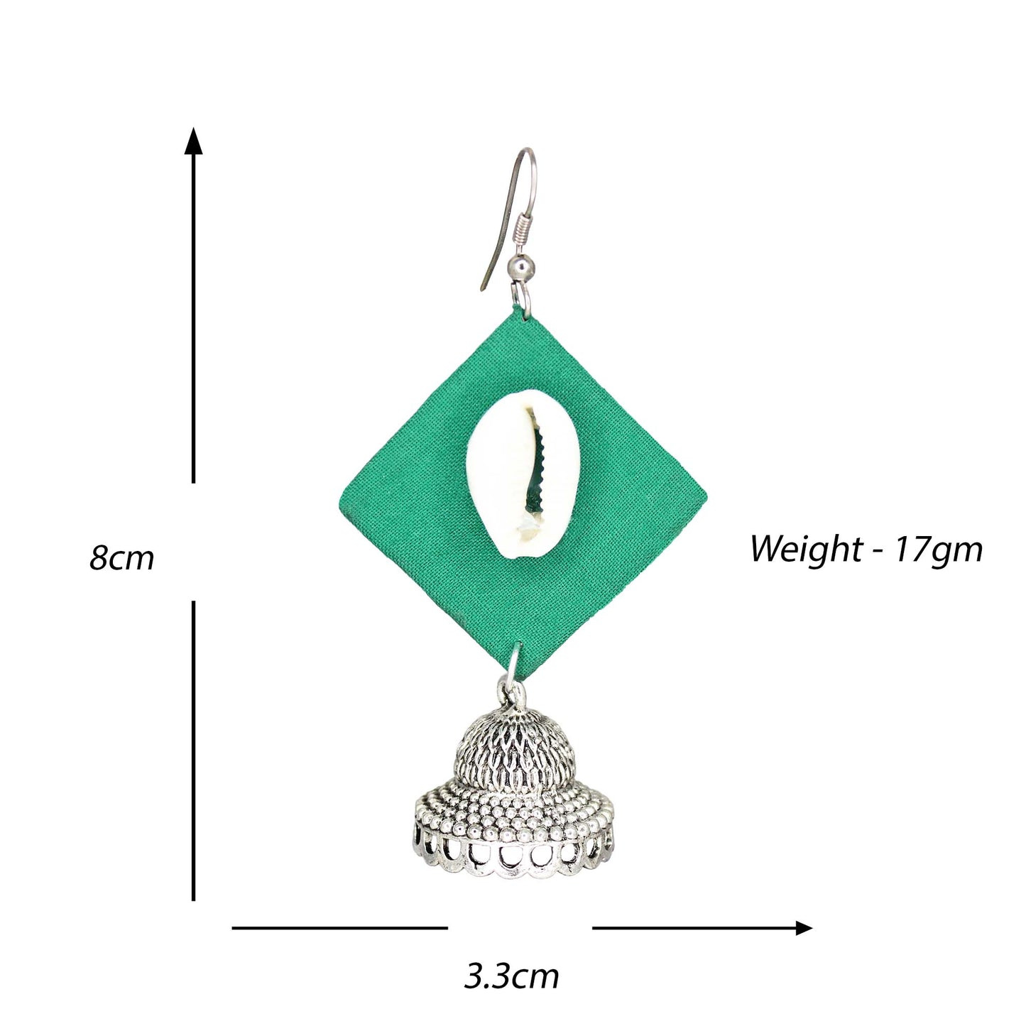 Handcrafted Teal Green Fabric Earrings with Silver Jhumka