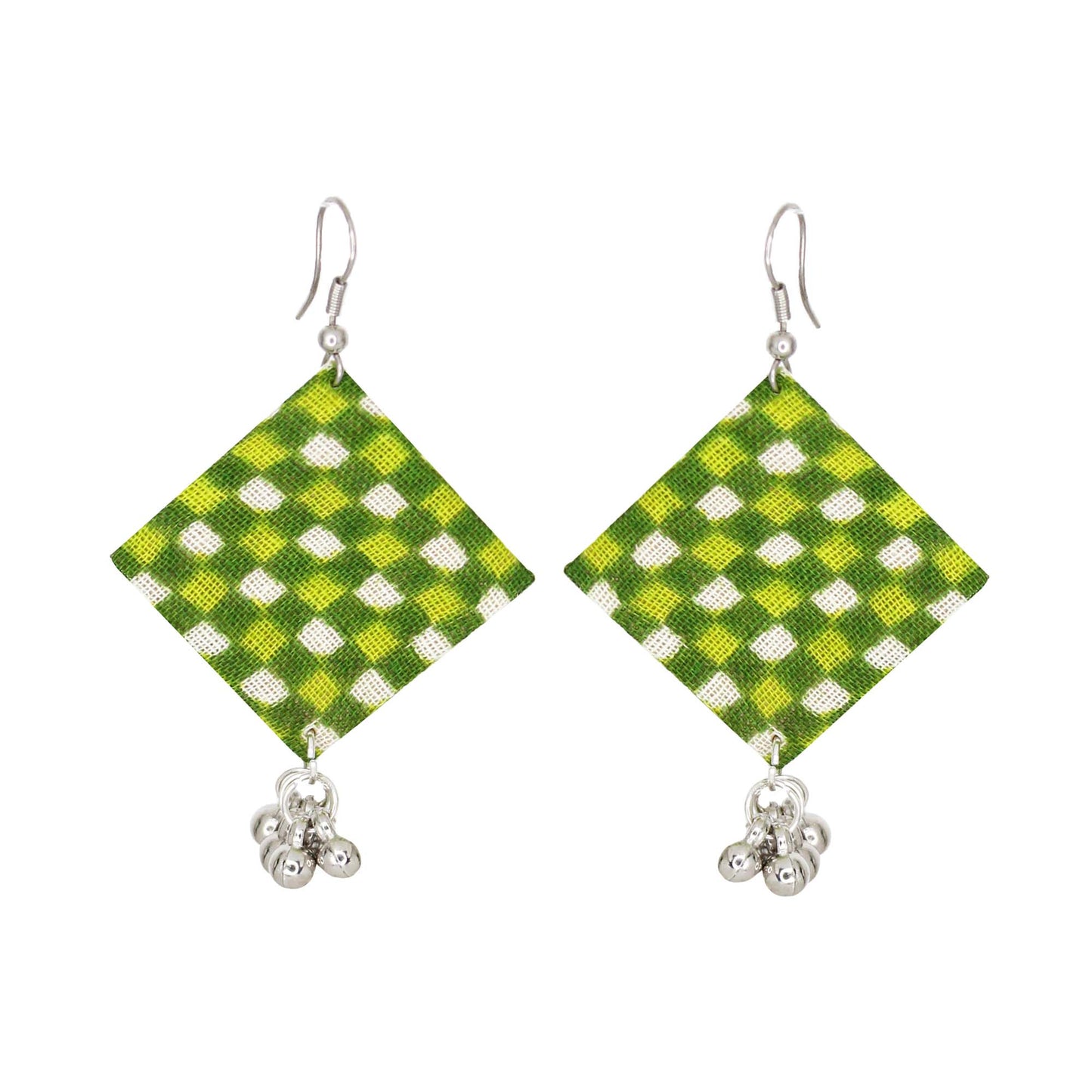 Handcrafted Fabric Earrings for Women | Lightweight Cloth Earrings with Silver Tone Ghungroo Drops | Green Ethnic Daily Wear Earrings