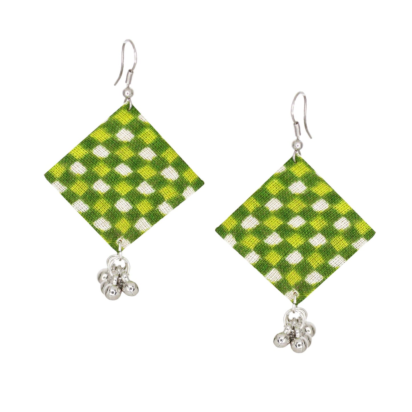Handcrafted Fabric Earrings for Women | Lightweight Cloth Earrings with Silver Tone Ghungroo Drops | Green Ethnic Daily Wear Earrings