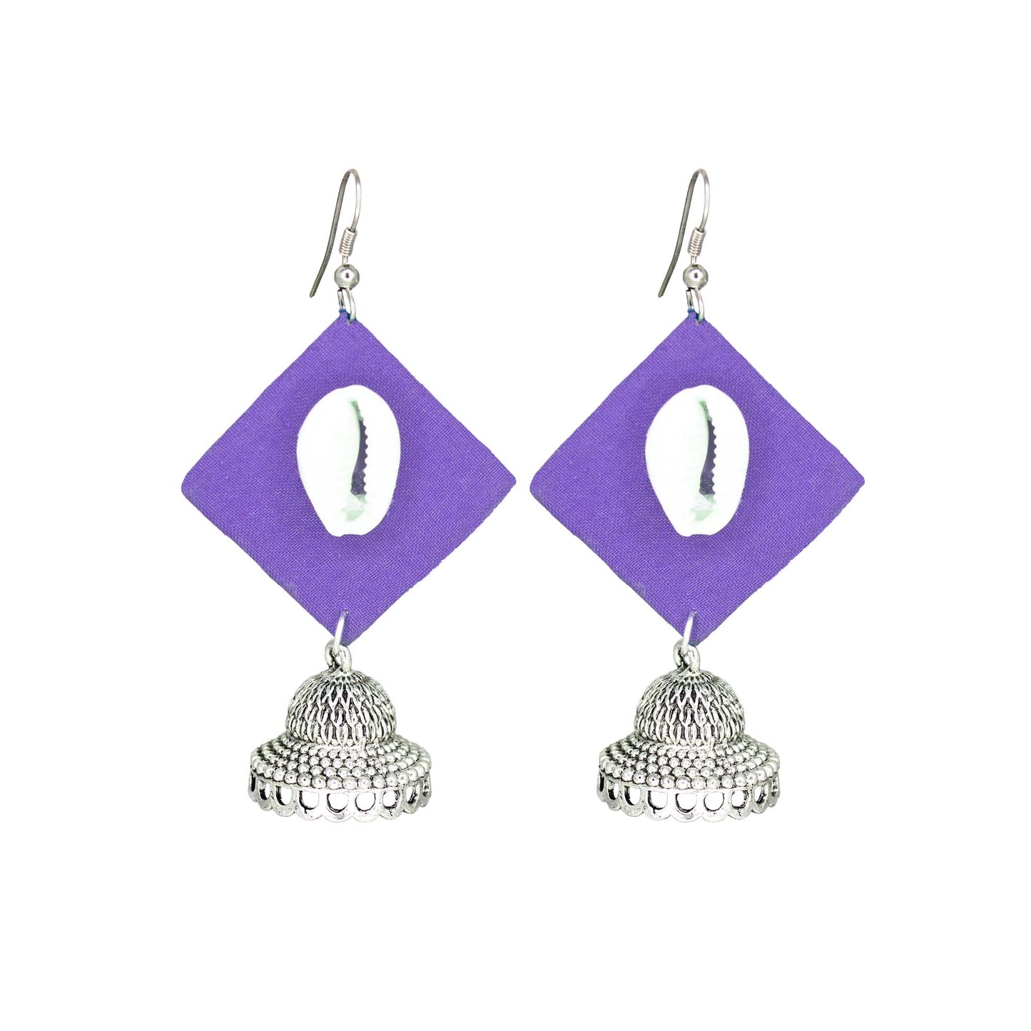 Handcrafted Purple Fabric Earrings with Silver Jhumka