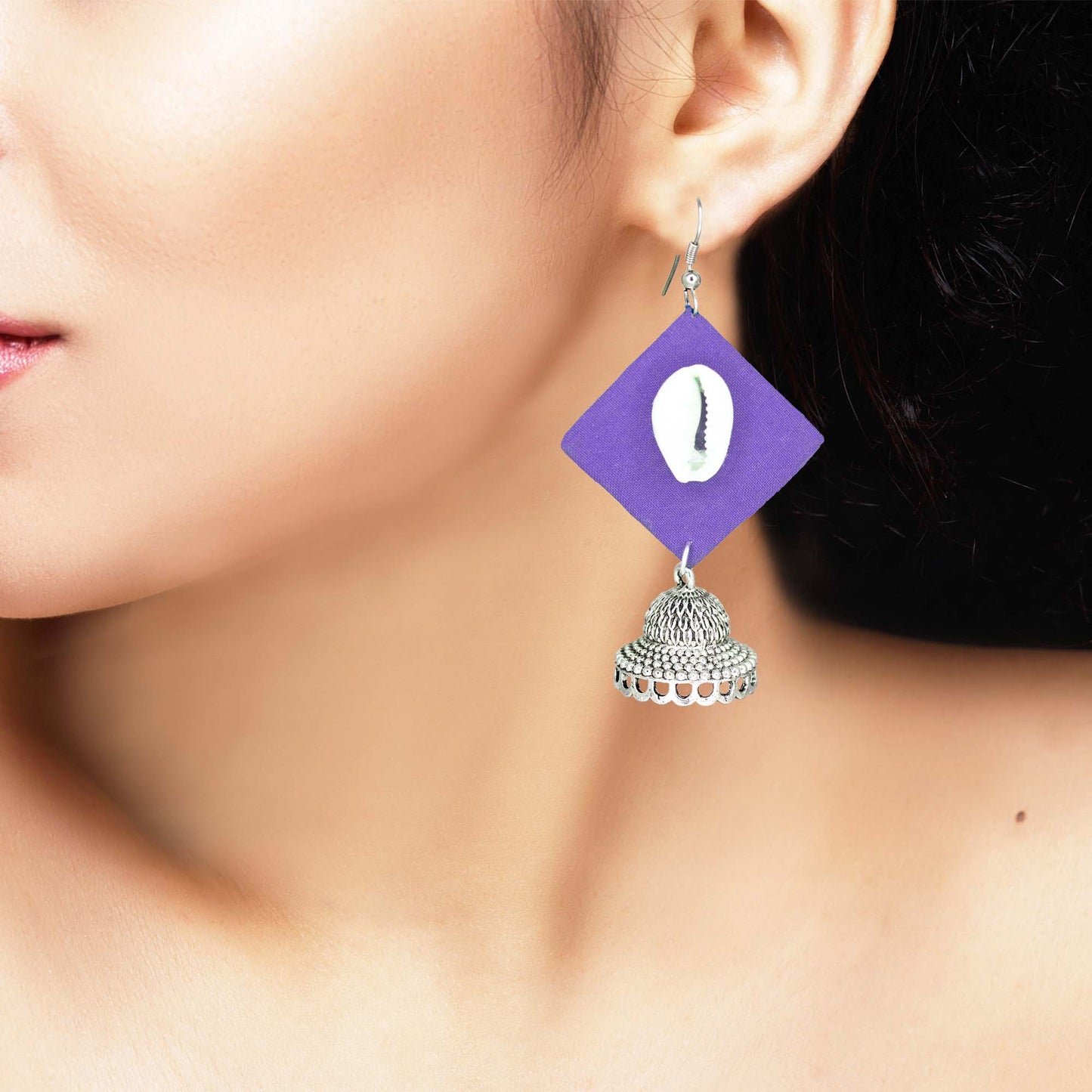 Handcrafted Purple Fabric Earrings with Silver Jhumka