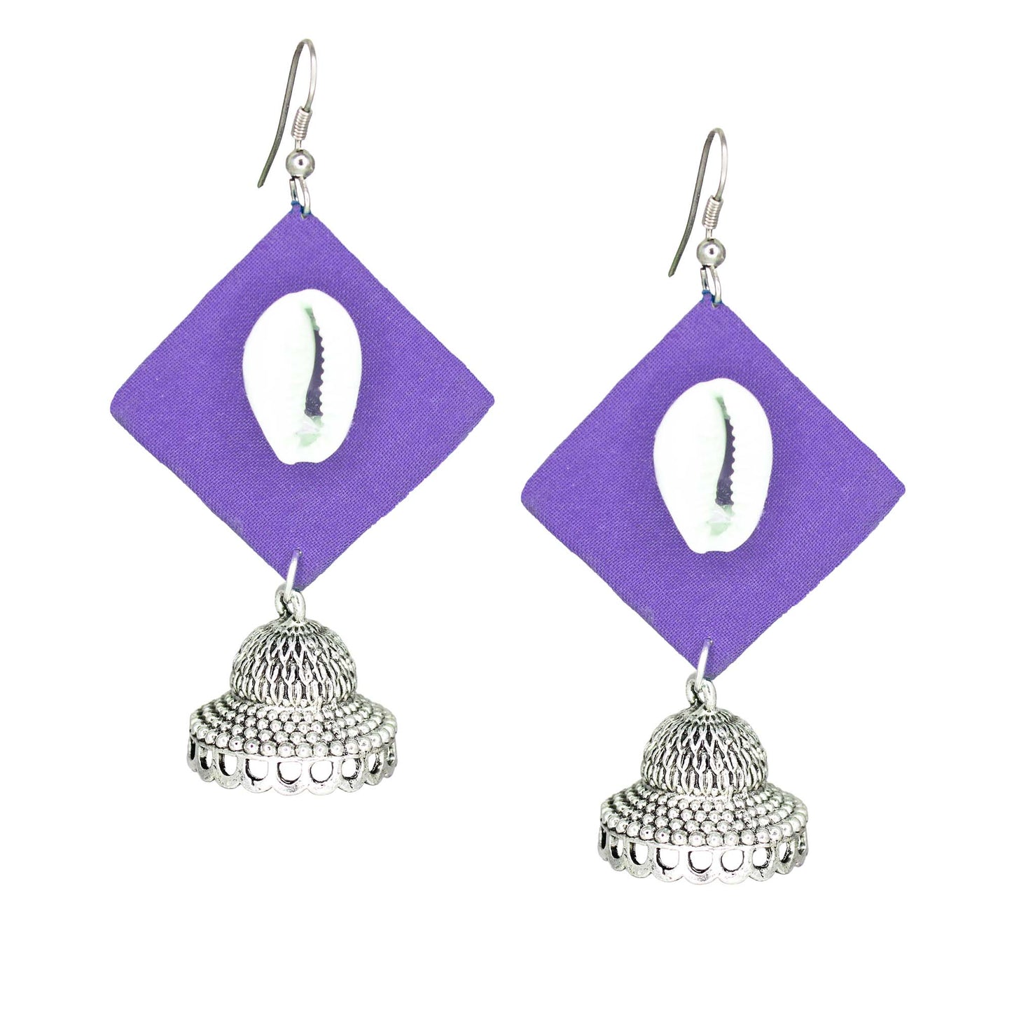 Handcrafted Purple Fabric Earrings with Silver Jhumka