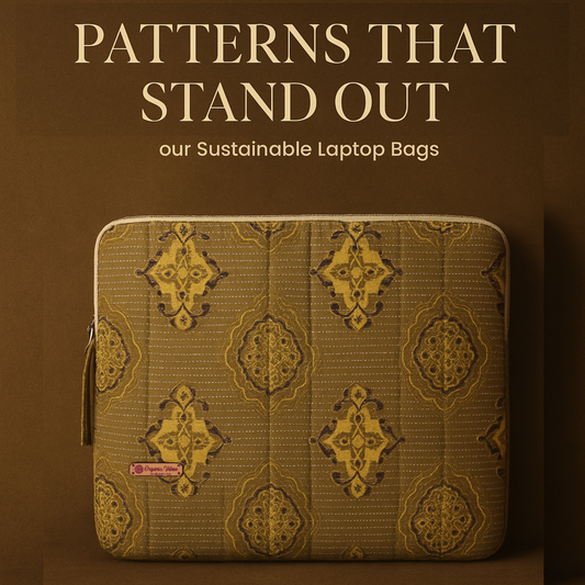 Sustainable laptop bag with geometric pattern on a brown background