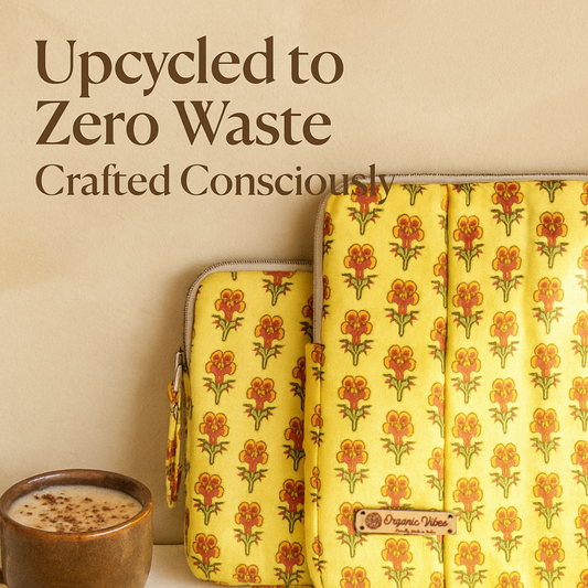 Organic Vibes Hand Block Printed Floral Yellow Fabric  Laptop Sleeves for 13-inch Laptop