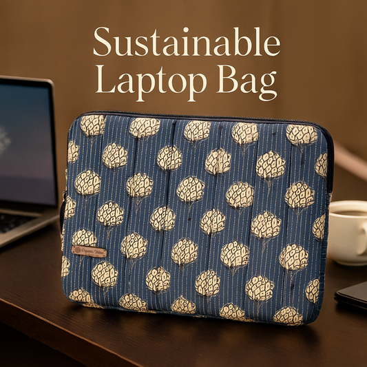 Organic Vibes Hand Block Printed Indigo Blue Fabric  Laptop Sleeves for 13 Inches Laptop