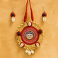 Durga Indian Goddess,  Handpainted Necklace set with Red Fabric design, cowrie shells, and red accents on a bamboo Fiber Sustainable jewellery