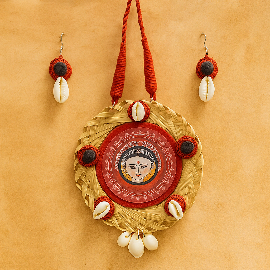 Durga Indian Goddess,  Handpainted Necklace set with Red Fabric design, cowrie shells, and red accents on a bamboo Fiber Sustainable jewellery