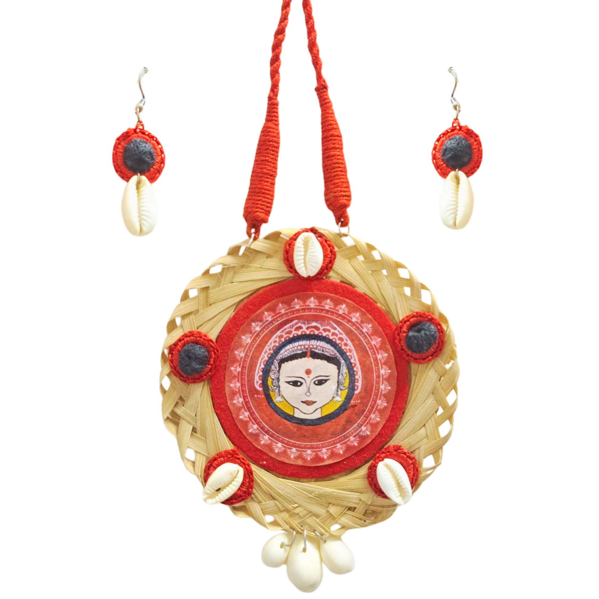 Durga Indian Goddess,  Handpainted Necklace set with Red Fabric design, cowrie shells, and red accents on a bamboo Fiber Sustainable jewellery