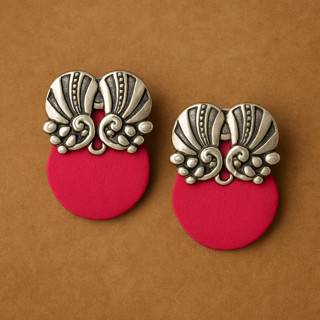 Pair of earrings with silver floral designs on red circular pendants against a brown background